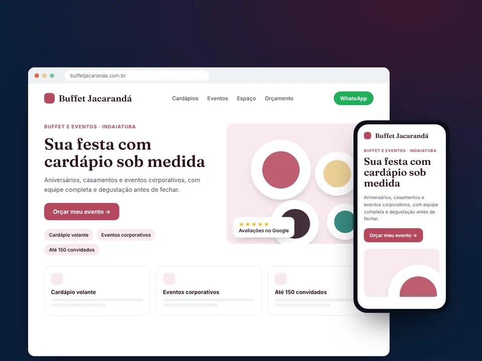 Modelo de site para buffet de eventos, no computador e no celular