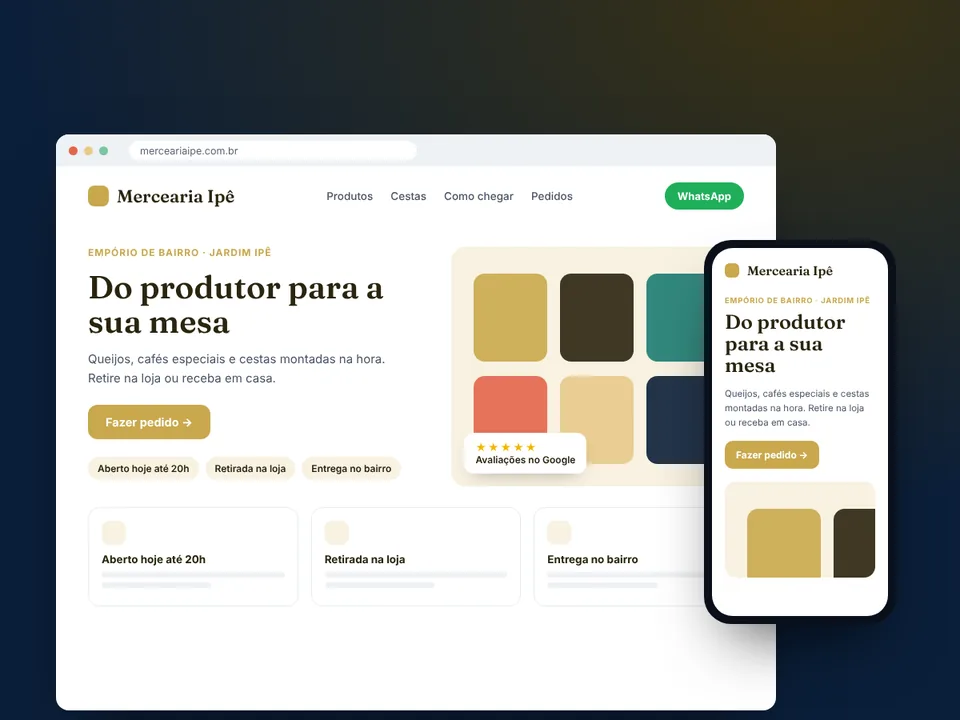 Modelo de site para empório de bairro, no computador e no celular