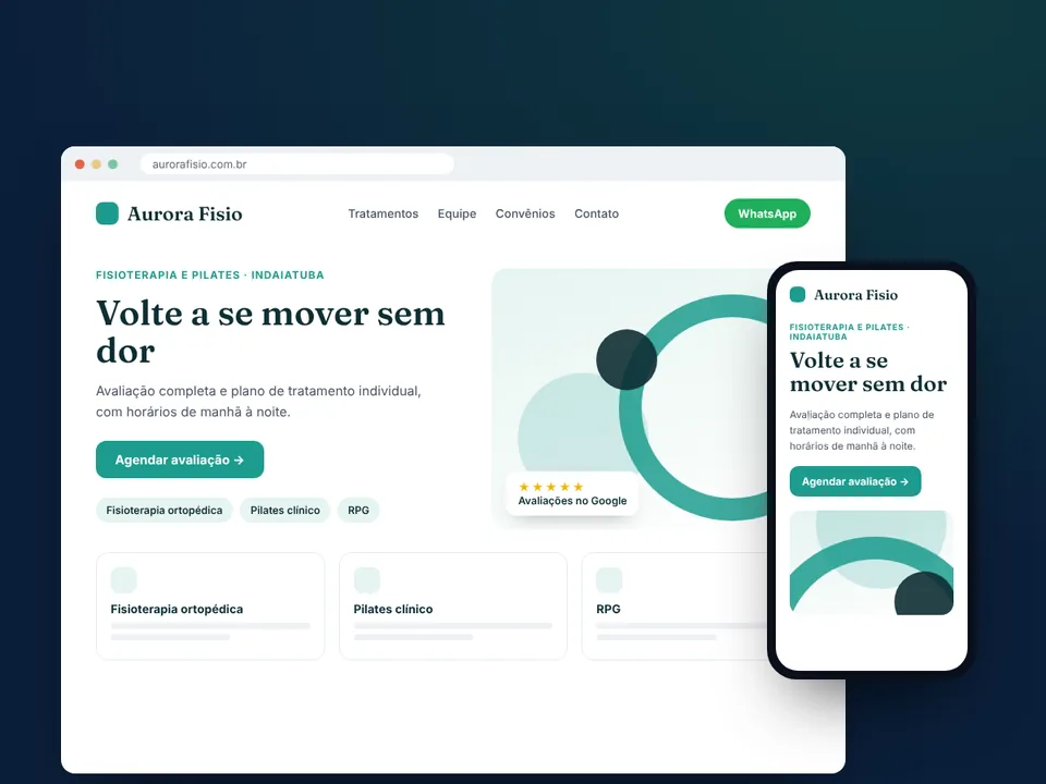 Modelo de site para clínica de fisioterapia, no computador e no celular