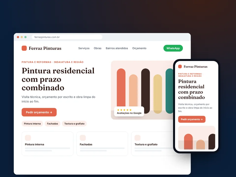 Modelo de landing page para empresa de pintura, no computador e no celular